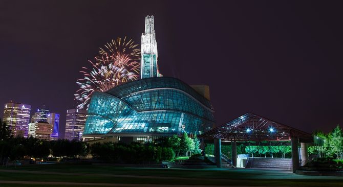 Fireworks in the sky behind the Canadian Museum for Human rights at The Forks.